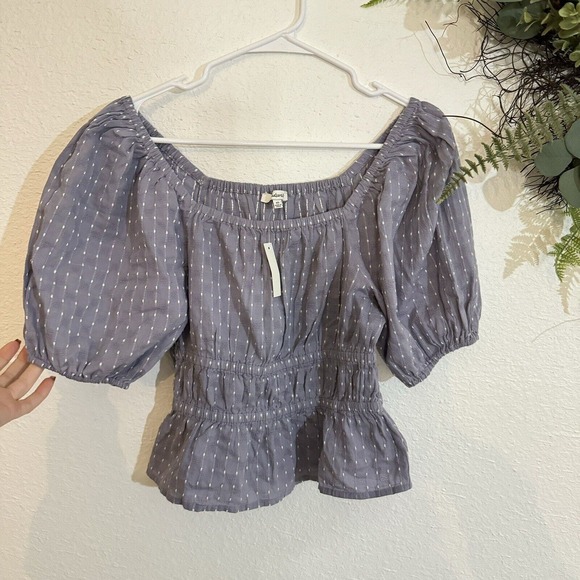 Madewell Smocked-Waist Crop Top in Textured Dot Size Xs Purple New Polka Dot - Picture 7 of 8